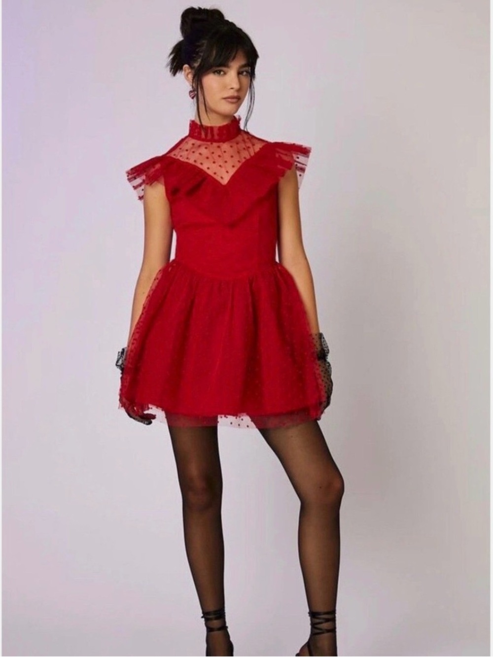 Beetlejuice Lydia Deetz x Forever 21 red polka dot mesh mini dress L wig & veil